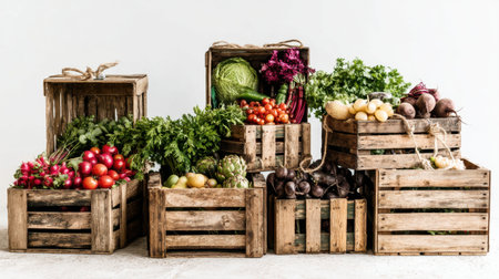 This captivating arrangement features a variety of fresh organic vegetables displayed in rustic wooden crates, highlighting vibrant colors and natural textures. Perfect for showcasing healthy eating and cooking themes.の素材