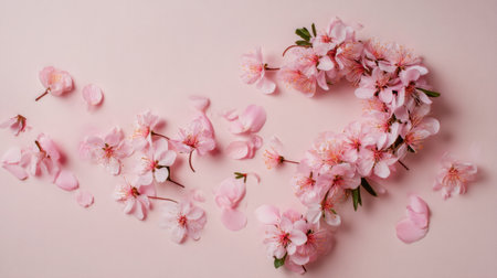 A serene composition of delicate cherry blossom flowers and scattered petals arranged on a soft pink background, evoking beauty and tranquility.の素材