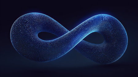 This stunning 3D render features an infinite loop shape composed of glowing blue particles, set against a dark background, perfect for abstract themes.の素材