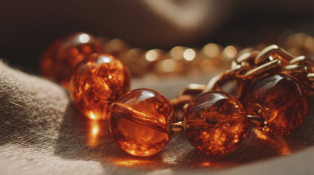 This stunning close-up showcases exquisite resin jewelry featuring warm amber tones and a golden chain, beautifully set against soft fabric.の素材
