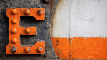This close-up photograph showcases the letter E in a vintage industrial style, featuring rusty orange tones against a textured background, perfect for graphic and design use.の素材