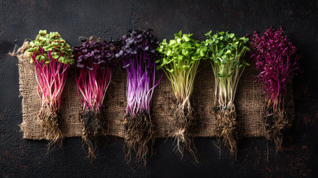 A stunning arrangement of colorful microgreens displayed on burlap, highlighting their roots. This image radiates freshness, nutrition, and vibrant colors, perfect for culinary inspiration and healthy lifestyle promotion.の素材
