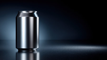 A striking image of a silver aluminum can on a dark reflective surface, illuminated by soft blue light, perfect for beverage advertising or design use.の素材