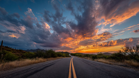 A stunning view of a winding desert road at sunset, adorned with dramatic clouds and rich colors, creating a captivating and tranquil atmosphere.の素材