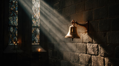 A vintage church bell hangs elegantly on a stone wall, illuminated by radiant sunlight streaming through stained glass windows, creating a serene atmosphere.の素材