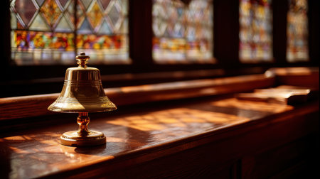 A golden bell rests elegantly on a wooden surface, illuminated by soft sunlight filtering through stunning stained glass windows, conveying beauty and tranquility.の素材