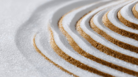This image features artistic patterns created from golden sand and white sugar, showcasing intricate wave-like textures and smooth surfaces.の素材