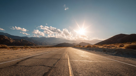 A serene desert road stretches out towards majestic mountains bathed in bright sunlight, creating a stunning landscape perfect for travel and exploration.の素材