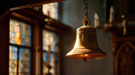 This image captures a beautiful church bell hanging indoors, illuminated with soft light, surrounded by vivid stained glass windows that enhance its charm.の素材