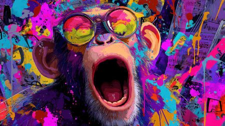 A lively illustration of a monkey wearing colorful glasses, surrounded by a vibrant splash of colors, embodying creativity and playful energy.の素材