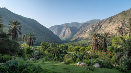Discover the beauty of a tranquil mountain valley filled with vibrant greenery and palm trees. This stunning landscape invites exploration and peace.の素材