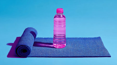 This vibrant composition showcases a pink water bottle on a rolled yoga mat against a bright blue background, symbolizing fitness and hydration.の素材