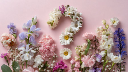 An artistic arrangement of various flowers forming a question mark against a soft pink background, evoking curiosity and beauty in nature.の素材