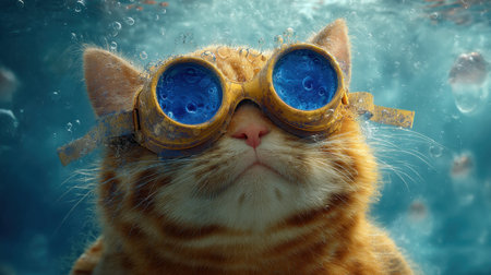 A charming orange cat wearing colorful swimming goggles explores underwater with curiosity and joy, surrounded by bubbles and a vibrant backdrop.の素材