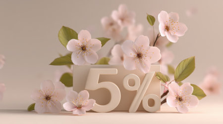 A stunning arrangement of soft pink flowers surrounding a decorative number five percent, perfect for promotional marketing themes in spring.の素材