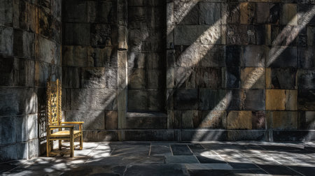 An empty golden chair sits against a textured stone wall, bathed in soft sunlight. The interplay of light and shadow creates a serene, inviting atmosphere.の素材