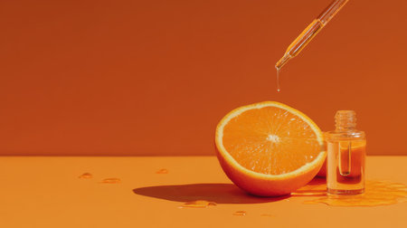 A vibrant and fresh orange slice sits beside a dropper bottle filled with essential oil, showcasing the essence of citrus and wellness.の素材