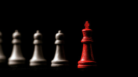 A striking image of a red chess king contrasting against gray pawns, symbolizing strategy and leadership in a competitive game.の素材