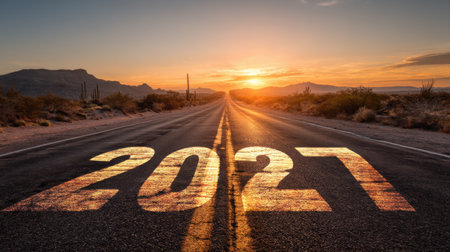 A captivating image of a deserted road at sunrise with the year 2021 displayed on the asphalt, symbolizing new beginnings and adventures.の素材