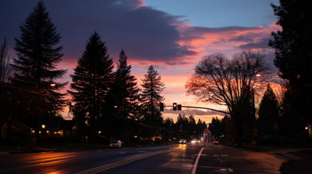 This tranquil evening street scene captures a vibrant sky filled with color as dusk settles over a peaceful neighborhood. Lush trees frame the road.の素材