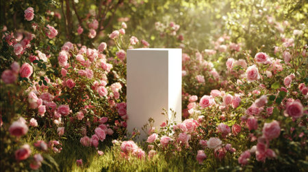 A beautiful white pedestal emerges amidst a lush garden of vibrant pink roses, bathed in warm sunlight, creating a serene and enchanting ambiance.の素材