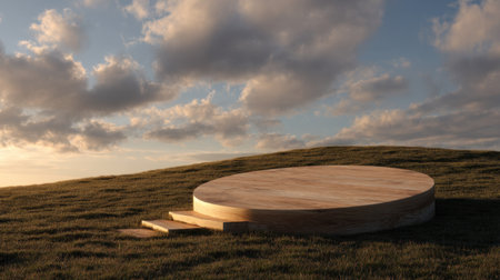 A tranquil scene featuring a circular wooden platform on a gently sloping green hill, under a beautiful sky filled with soft clouds at sunset.の素材