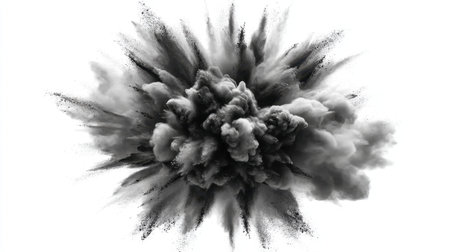 This captivating image showcases a dramatic explosion of black smoke and dust against a white background, creating a striking abstract visual.の素材