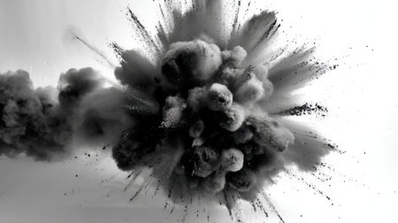 A striking black and white image depicting a powerful explosion of dust and smoke, emphasizing energy and chaos against a white background. Perfect for creative projects.の素材