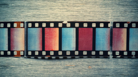 A vibrant film strip laid over a textured wooden surface, showcasing an artistic blend of colors and nostalgic cinematic elements.の素材