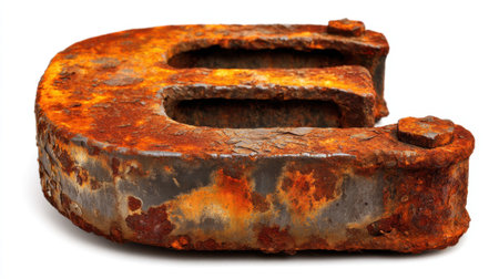 This image features a close-up of a rusty metal letter E, showcasing intricate texture and decay against a clean white backdrop, perfect for design projects.の素材