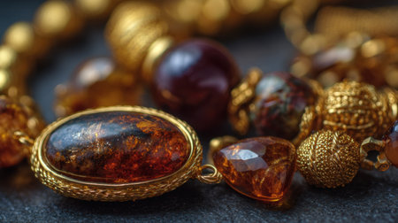 A stunning arrangement of amber and gold jewelry highlighting rich colors and intricate designs. Perfect for showcasing luxury and elegance.の素材