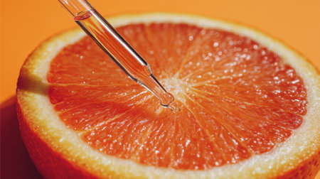 This close-up image features a fresh orange slice with a pipette dripping liquid, set against a bright orange background. The vibrant colors highlight freshness and health, ideal for food-related themes.の素材