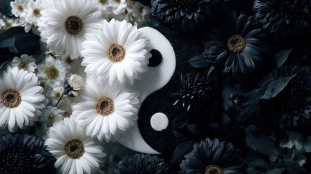 A striking composition featuring a yin yang symbol surrounded by white and black flowers, creating a beautiful contrast on a dark background. Perfect for themes of balance and harmony.の素材