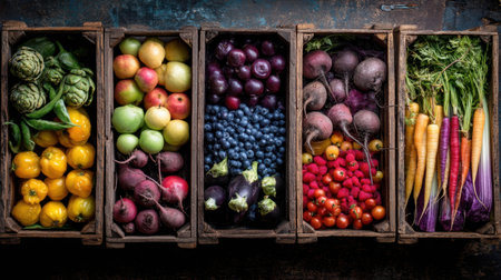 An overhead view showcasing an array of fresh vegetables and fruits arranged beautifully in rustic wooden crates, highlighting organic quality and vibrant colors.の素材