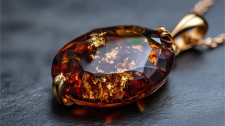 This stunning close-up showcases an exquisite amber pendant featuring golden inclusions. The luxurious design highlights the beauty of natural gemstones.の素材