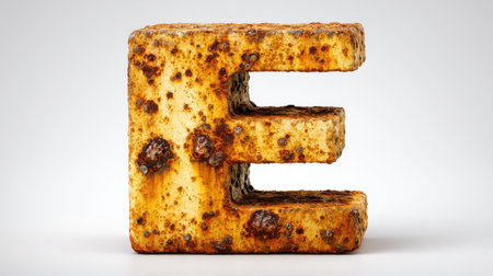 Unique rusty letter E sculpture showcases a coarse surface that adds character to any creative space, ideal for artistic projects or decorative displays.の素材