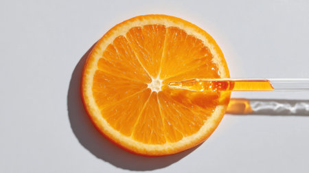 A vivid orange slice with a pipette dropping liquid, showcasing freshness and vitality. Ideal for health, nutrition, and culinary themes.の素材