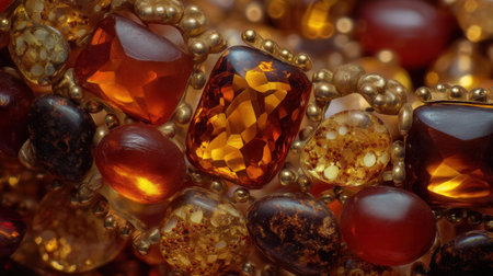 Discover the mesmerizing beauty of amber stones and beads captured in a close-up detail that highlights their natural colors and unique patterns.の素材