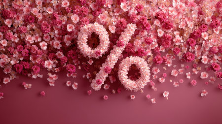 A visually stunning floral percentage symbol set against a soft pink background, surrounded by delicate blossoms for seasonal marketing and promotions.の素材
