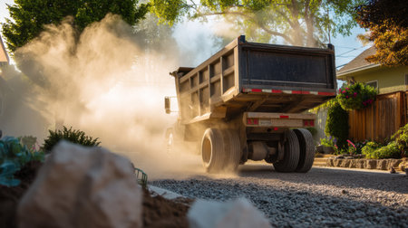 A construction truck navigates a gravel road, stirring up dust in a residential area surrounded by lush greenery and homes.の素材