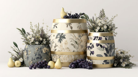 Discover a stunning floral arrangement featuring decorative barrels adorned with grapes and pears, perfect for enhancing home decor. This captivating still life scenery evokes elegance and charm, ideal for inspiring stylish interior designs.の素材