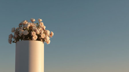 A stunning arrangement of white roses in a sleek, modern pot stands against a serene blue sky, creating a perfect ambiance for relaxation and peace.の素材