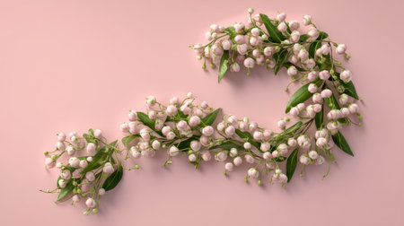 This exquisite floral arrangement features soft pink blooms intertwined with lush green leaves against a gentle pink background, creating an elegant and tranquil atmosphere perfect for decor.の素材