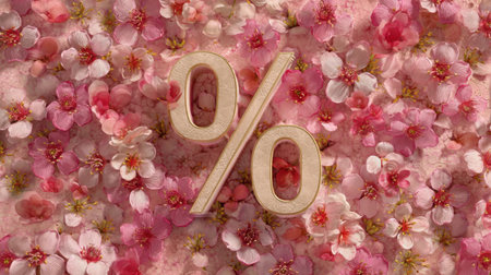 A striking percent sign beautifully embedded in a bed of pink cherry blossom petals, perfect for spring marketing and promotional materials.の素材