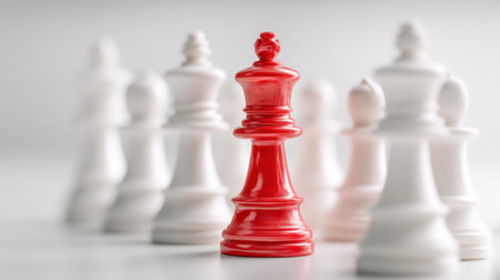 A striking red king chess piece stands out among white pieces, symbolizing leadership and competition in a minimalistic setting.の素材