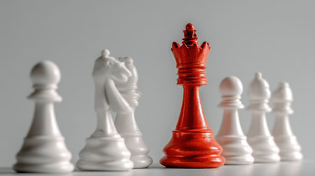 A striking composition featuring a red king piece surrounded by white chess pieces, set against a minimalist grey background. Perfect for themes of strategy and decision-making.の素材