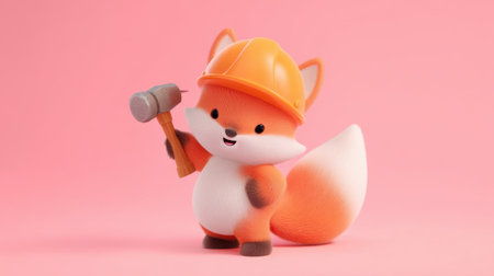 An adorable fox character wears a construction hat and holds a hammer against a soft pink background, perfect for children's themes.の素材