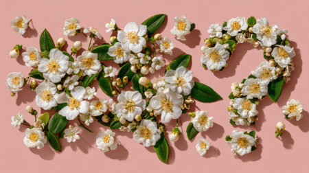 This artistic arrangement features delicate white flowers and green leaves on a soft pink background, creating a beautiful and serene scene inviting curiosity and appreciation for nature.の素材