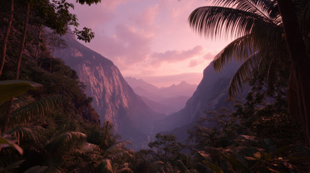 Peaceful view of a mountain valley during dusk with vibrant pink skies, lush greenery, and misty horizons creating a tranquil atmosphere.の素材