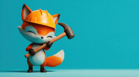 Adorable cartoon fox character wearing a construction hat and holding a hammer, ideal for creative projects and children s themes.の素材